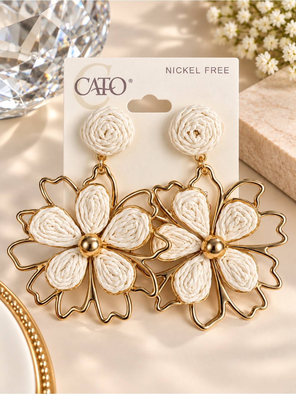 CATO Cream and Gold Floral Drop Earrings